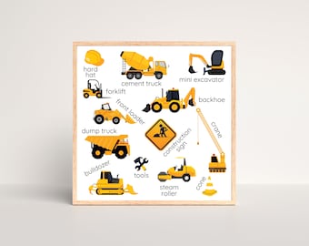 正方形の建設車両の名前のポスター、幼児向け教育寝室装飾、デジタルダウンロード