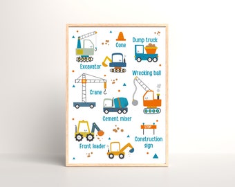 建設トラック保育園プリント：教育用車両の名前（デジタルダウンロード）