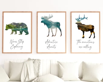 森の動物写真プリントセット：山小屋の装飾（デジタルダウンロード）