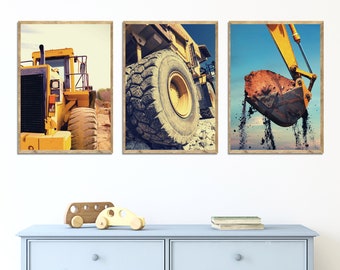 建設トラックのプリント：子供部屋の装飾、3枚セット（デジタルダウンロード）