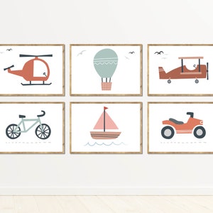 Conjunto de 6 impresiones de transporte, decoración de guardería en colores pastel, arte de dormitorio de avión y helicóptero, descarga digital para niños