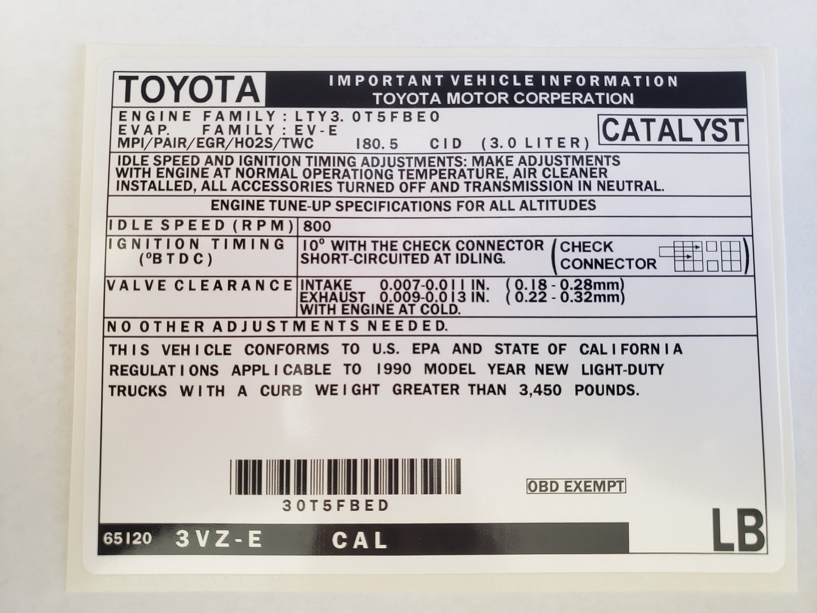 Toyota 1990 Vehicle Emission Control Information LB (3VZ-E CAL) Sticker ...
