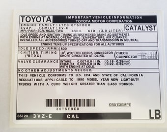 Toyota 1990 Vehicle Emission Control Information LB (3VZ-E CAL) sticker, label, decal