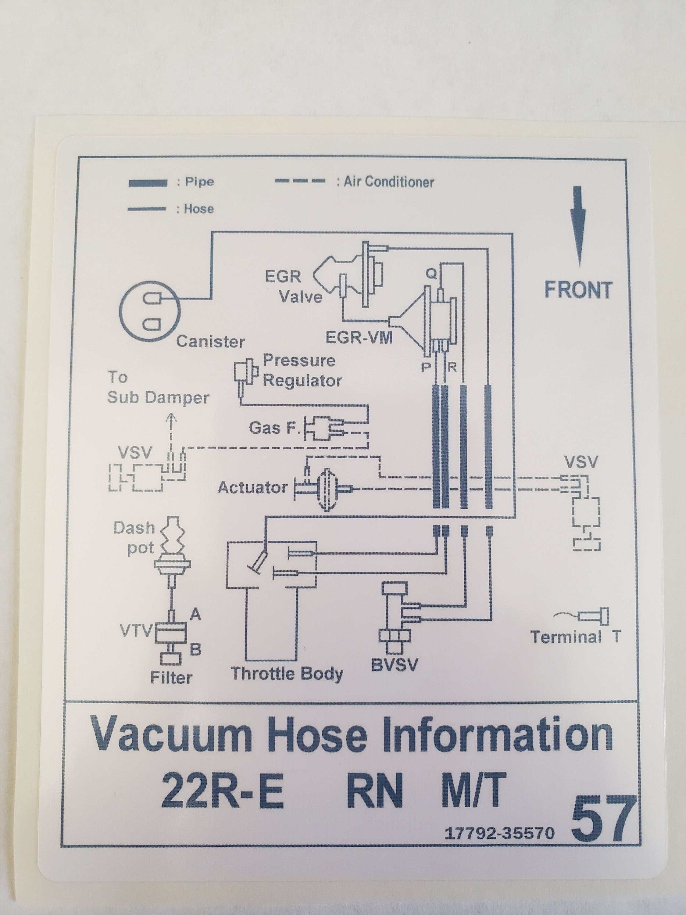 Toyota Vacuum Hose Information 57 1779235570 22RE RN M/T Sticker