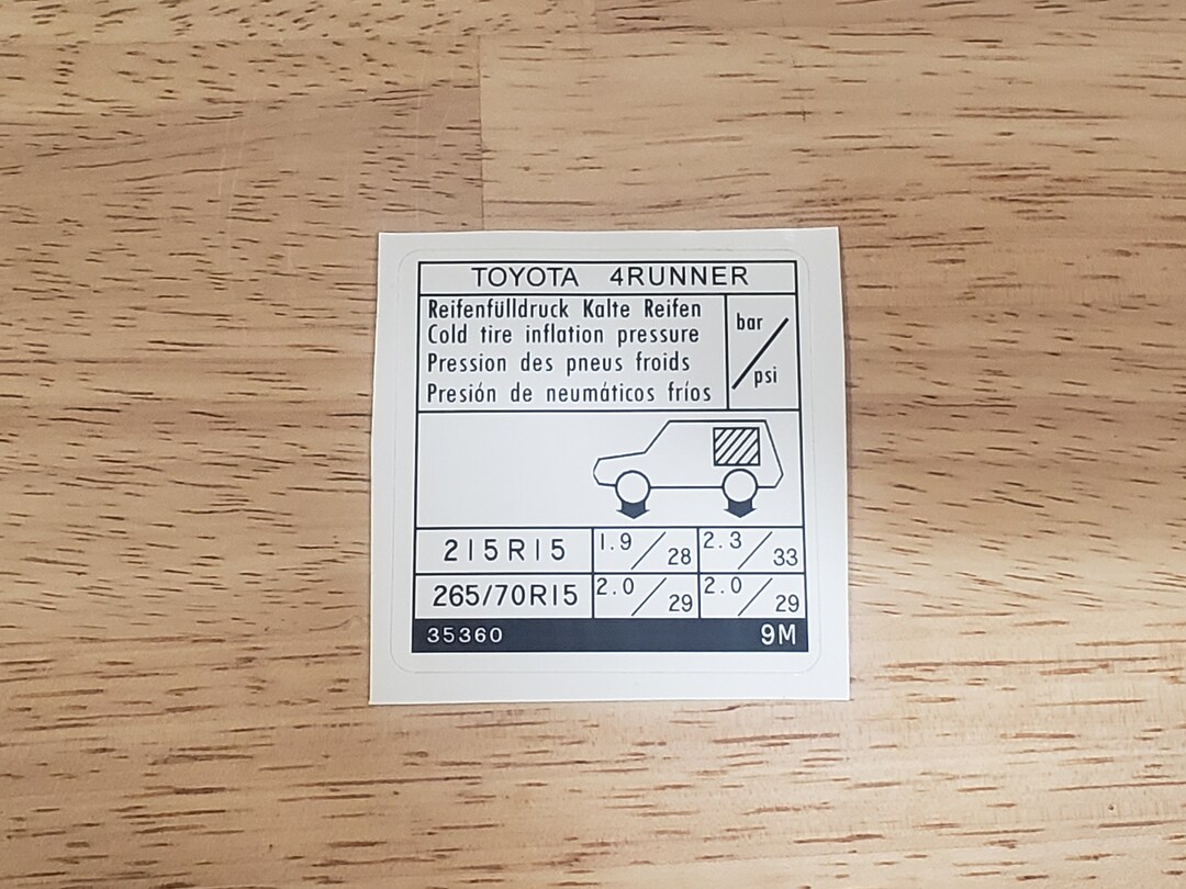 Toyota 4runner Tire Pressure Sticker, Label, Decal Etsy