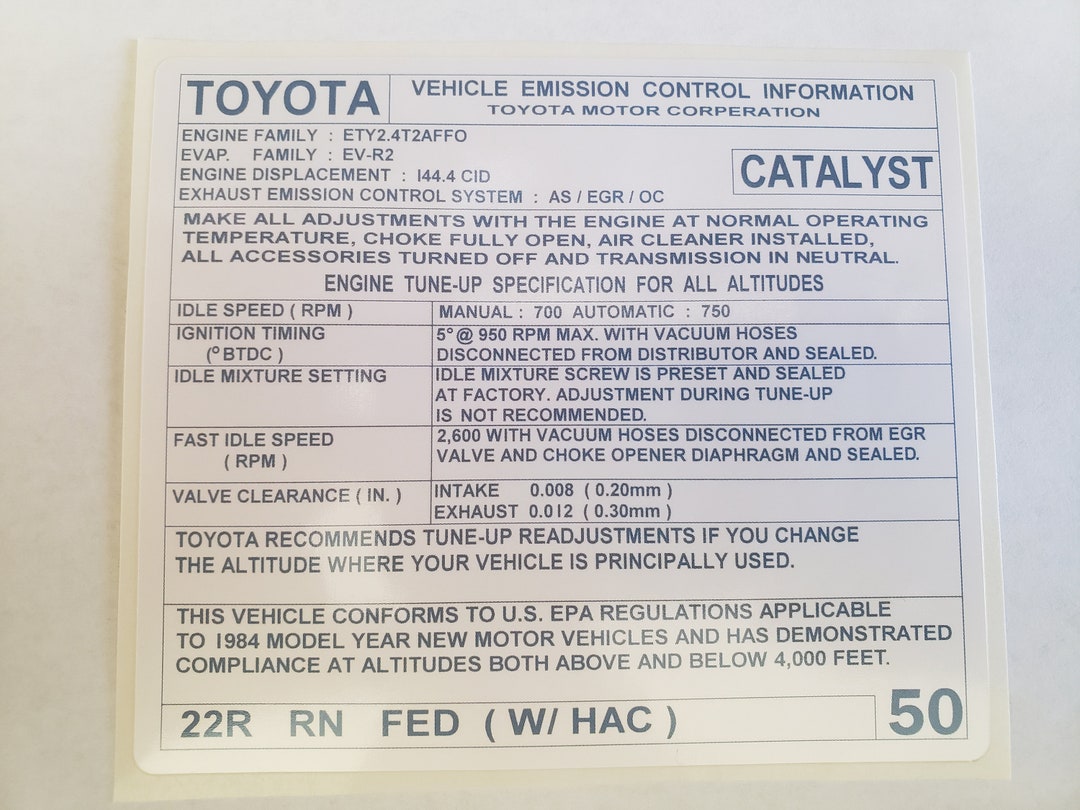 1984 Vehicle Emission Control Information 50 (22R RN FED (W/HAC ...