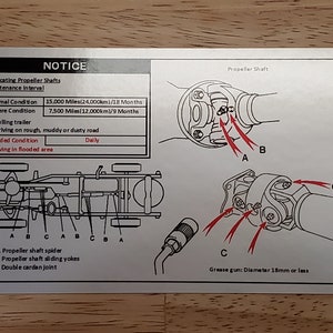 May include: A silver notice board with black text and red arrows. The notice board provides instructions for lubricating propeller shafts on a vehicle. The instructions include maintenance intervals for normal and severe conditions, as well as flooded conditions. The notice board also includes a diagram of a propeller shaft with arrows indicating where to apply grease. The text on the notice board reads: "NOTICE Lubricating Propeller Shafts Maintenance Interval Normal Condition 15,000 Miles (24,000km)/18 Months Severe Condition 7,500 Miles (12,000km)/9 Months 1) Pulling trailer 2) Driving on rough, muddy or dusty road Flooded Condition Driving in flooded area Daily Propeller Shaft A B C A B Grease gun: Diameter 18mm or less A. Propeller shaft spider B. Propeller shaft sliding yokes C. Double cardan joint"