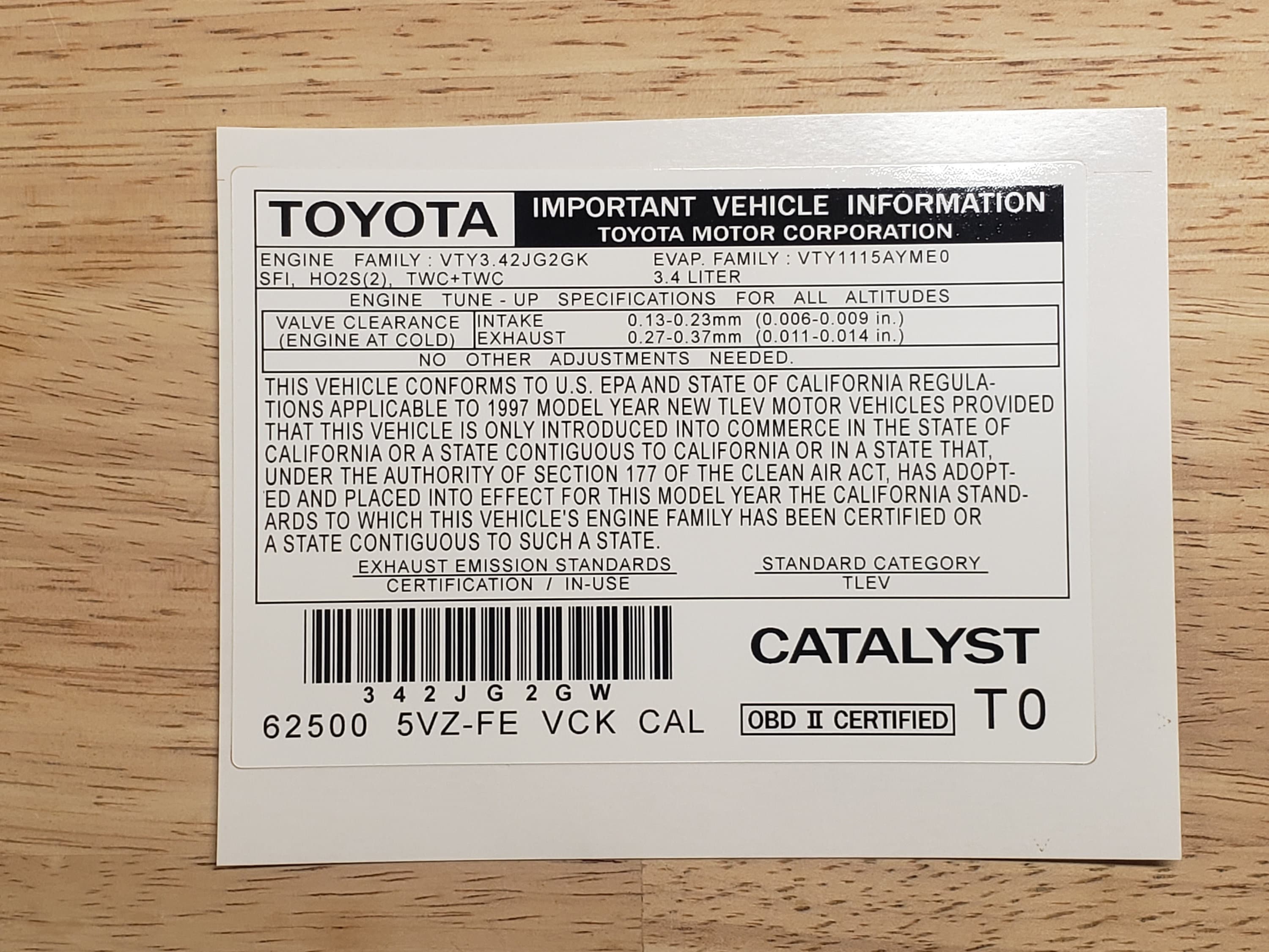 1997 Vehicle Emission Control Information T0 (5VZ-FE VCK CAL