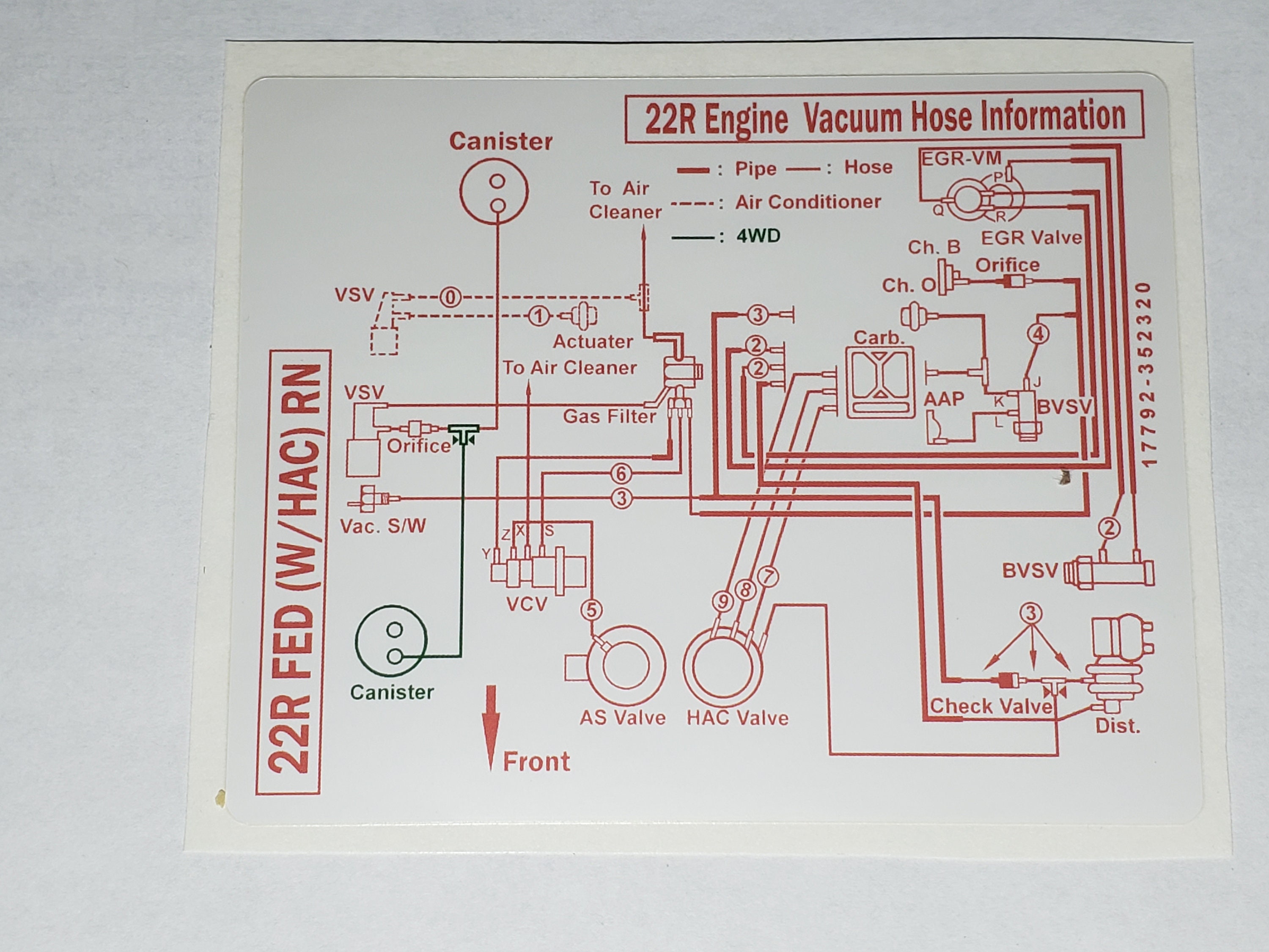 Toyota Vacuum Hose Information 17792352320 22R FED W/HAC Etsy
