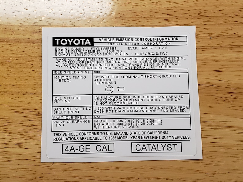 Toyota 1985 Vehicle Emission Control Information (4A-GE CAL) Sticker ...