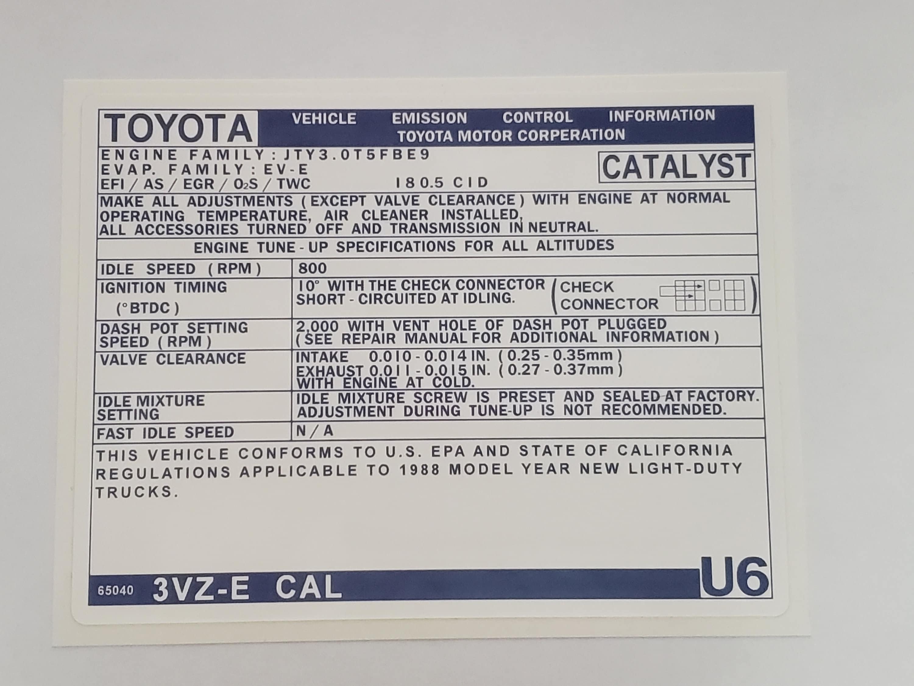 Toyota 1988 Vehicle Emission Control Information U6 (3VZ-E CAL
