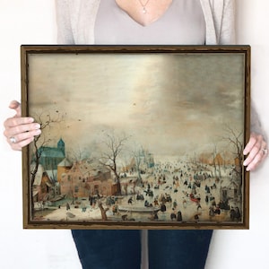 Vintage schaatsen olieverfschilderij | Afdrukbaar schaatsen | Grote wintermuurkunst | Humeurig neutraal vakantiedecor | Kerstafdrukken | 343