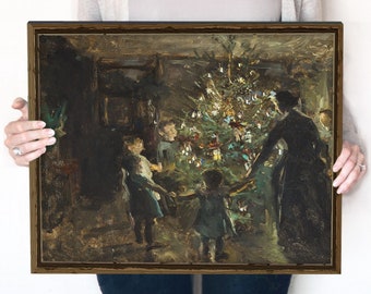 Vintage Dancing around Christmas Tree | Oil Painting Vintage Print | Instant Download | 403