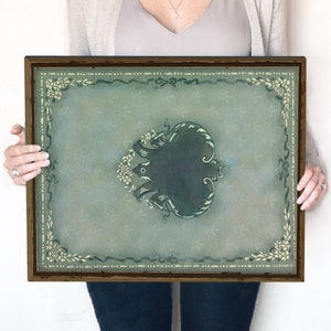 May include: A framed print with a decorative border in shades of green and yellow. The print features a stylized design with a central motif in a darker shade of green. The frame is brown wood and the print is 16x20 inches.