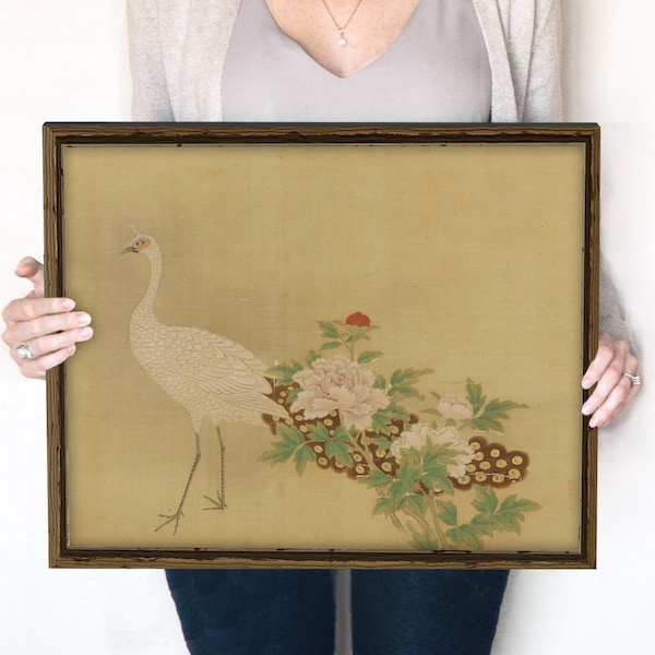 Vintage White Peacock with Peonies Print | Neutral Floral Bird Wall Art | Instant Download | 484