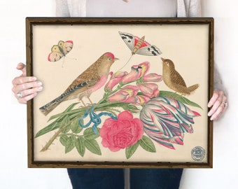 Bird and Butterfly Floral Print | Coquette Room Decor | Vintage Print | Vibrant, Colorful Wall Art | Digital Download | 460