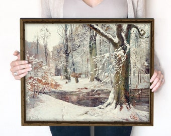 Stream in Snowy Forest Printable Wall Art | Winter Decor | Antique Oil Painting | Vintage Prints | 671