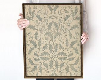 Holly Pattern | Vintage Print | Neutral Sage Green Geometric Pattern | Holiday Watercolor Print | Instant Download | 404