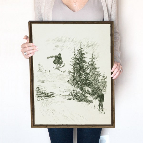 Vintage Ski Jump on Snowy Mountain Sketch | Rustic, Neutral, Winter Wall Art | Digital Download | 410