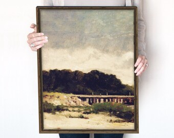 Landscape Oil Painting | Beach, Trees and Sky Print | Large Fireplace Art | Vintage Print | Instant Download | 486