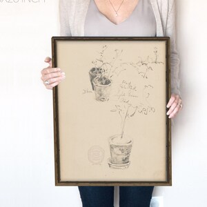 Desenho vintage de plantas em vasos | Decoração de quarto coquete | Arte de esboço neutro | Impressão digital | 454