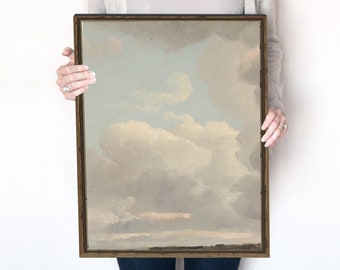 Blue Sky Painting, Puffy Clouds Wall Decor, Vintage Landscape Sky, Blue Cloudy Sky, Coquette Room Decor, Printable | 251