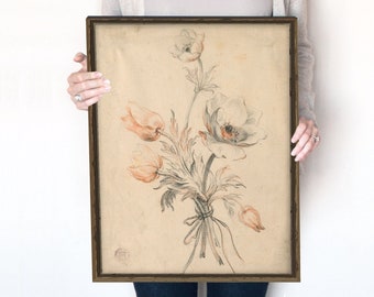 Orange Floral Sketch | Charcoal Drawing Vintage Print | Instant Download | 449