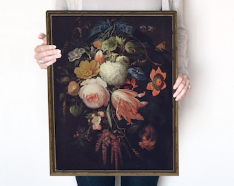 Dark Floral Wall Art, Coquette Room Decor, Vintage flower bunch print, Vibrant Floral Oil Painting, Dark Academia Printable | 60