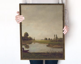 Vintage Landscape Oil Painting, Antique Pond Neutral Park Art, Dark and Moody Muted Dark Green Painting, Printable | 248