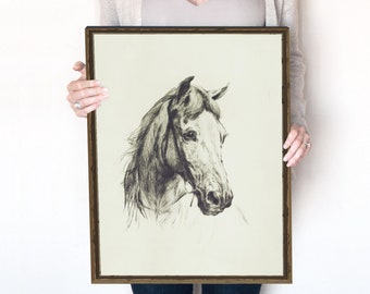 Vintage Horse Art Print, Neutral Horse Head Sketch, Farmhouse Kitchen Decor, Antique Artwork, Etching, Digital Download, Printable | 15