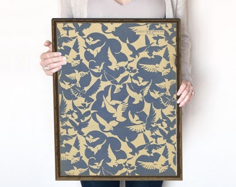 Vintage abstrakte Kunst, Kokette Zimmer Dekor, Königsblau Taube Vogel Muster, Textil Wandbehang, Vintage Druck, printable | 172