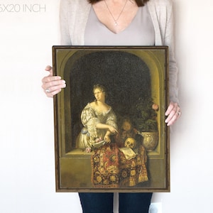 Woman Pointing at Skull with Child | Halloween Oil Painting | Dark and Moody | Funny Halloween | Dark Academia | Dark Cottagecore | 335