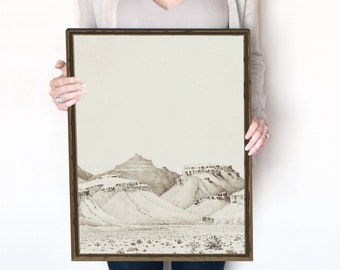 Vintage Desert Decor, cactus and mountain sketch, neutral southwestern drawing, Arizona landscape Digital Download, Printable | 19