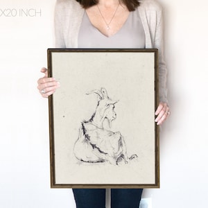 Goat Art Print, Vintage Sketch, Neutral Goat Drawing, Farmhouse Kitchen Decor, Antique Artwork, Etching, Digital Download, Printable | 105