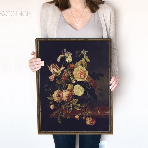 Dark Floral Vintage Oil Painting | Tulips, Irises, Roses, Hollyhocks and Carnations | Coquette Room Decor | Black Background | Art | 273