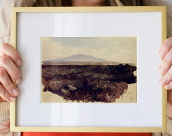 Mountain Landscape Oil Painting, Dark Moody Tones, Antique Rustic Decor, Printable | 255