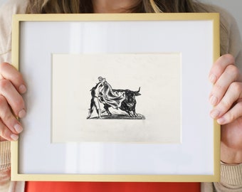 Schwarzweiss-Stierkampf Zeichnung, Matador Stierkampf mit Umhang, einfarbige Skizze, neutraler Vintage Art Print, printable | 227
