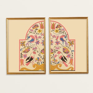 Set of 2 Prints | Colorful Mid Century Modern Digital Prints | Bird, Floral and cheetah Vibrant Pattern | Abstract Arch Painting