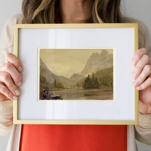 Vintage Mountain Art Print, Antique oil painting of lake and mountains in Switzerland. Alpine Lake, Bavaria, mid century  art | 150