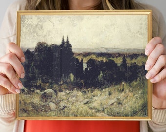 May include: A framed landscape painting with a gold frame. The painting depicts a forest scene with trees and a distant horizon. The sky is a light blue with some clouds.
