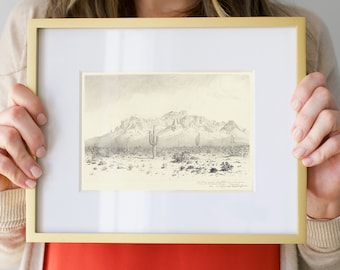 Arizona Print, Cactus and Mountain Drawing, Desert Landscape Vintage Sketch, Arizona mountain printable, Southwestern Vintage Print | 158
