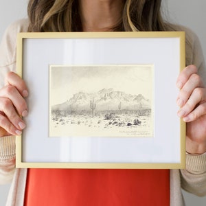 Arizona Print, Cactus and Mountain Drawing, Desert Landscape Vintage Sketch, Arizona mountain printable, Southwestern Vintage Print | 158