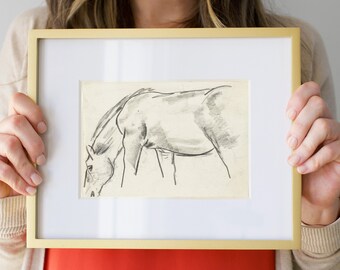 Horse Art Print, Neutral Wall Art, Horse Grazing Sketch, Vintage Art Print, Antique drawing line art, black and white decor, Printable | 155