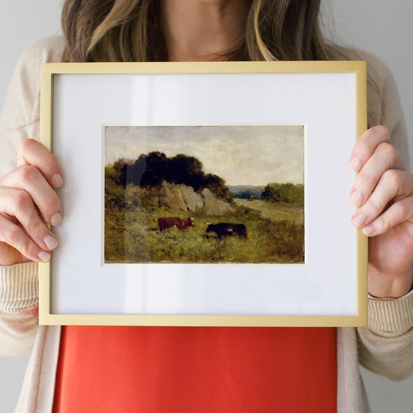 Vintage Cow Print, American field landscape oil painting, Meadow, Antique Cattle, Cottagecore, Farmhouse kitchen, 1900s Printable | 45