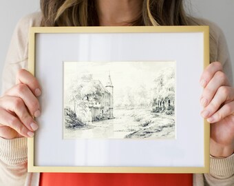 Vintage Castle Art Print, Neutral Castle on Stream Sketch, Farmhouse Kitchen Decor, Antique, Etching, Digital Download, Printable | 14