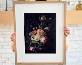 Dark Floral Wall Art, Coquette Room Decor, Dark Moody Oil Painting on Canvas Print, Vibrant Bouquet, Vintage Print, Printable | 156