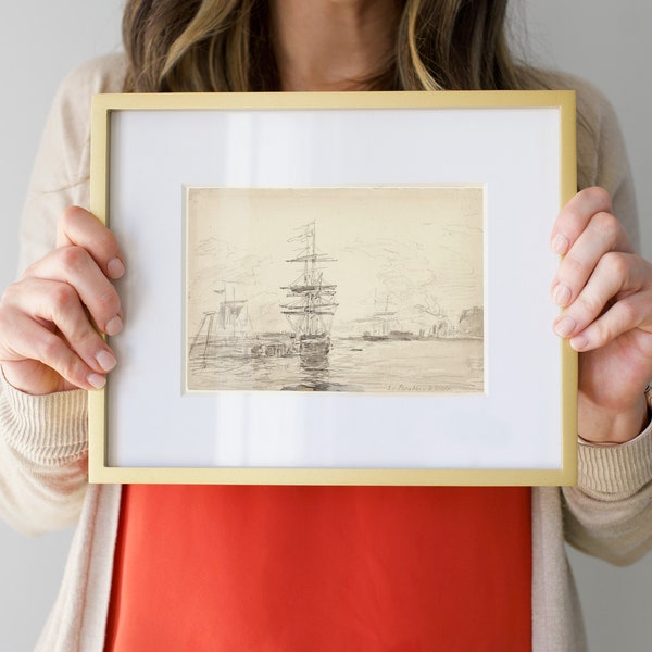 Vintage Ships in Harbor Drawing, French watercolor and graphite Painting, Maritime, vintage sailboat sketch,  19th century Printable | 23