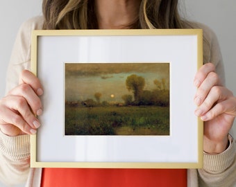 Vintage Harvest Moon, Oil Painting, Field at dusk landscape, Dark Green, Moody Print, Cottagecore, 19th century Printable | 62