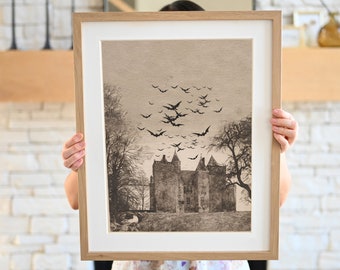 May include: A framed sepia-toned print of a castle with bats flying overhead. The castle is surrounded by trees and a small stream. The print is in a light wood frame.
