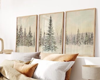 Lot de 3 gravures Winter Wonderland | Pin enneigé dans une forêt | Art mural imprimable